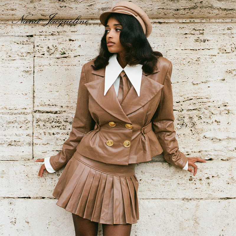 NanaJacqueline双排扣皮衣套装