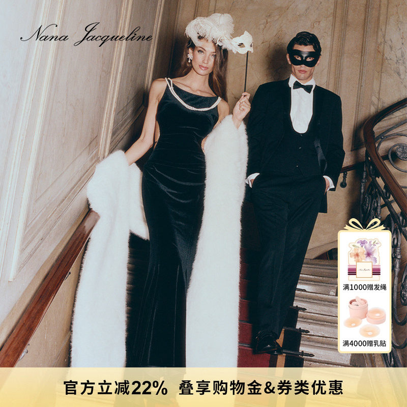 【孙怡同款】NanaJacqueline丝绒露背礼服裙女钻边连衣裙千金晚宴