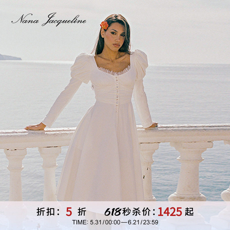 [甄选5折]NanaJacqueline水晶扣泡泡袖蕾丝长袖连衣裙LIZ同款