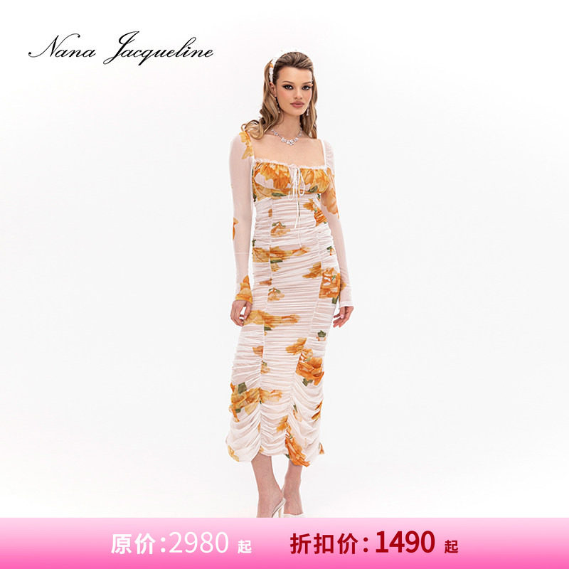 [甄选5折]NanaJacqueline印花吊带抽皱长袖连衣裙胸口蕾丝花边女,女装/女士精品,连衣裙,淘宝优惠券,粉丝福利购,淘宝优惠卷