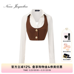 女复古金扣上衣 NanaJacqueline假两件撞色露背衬衫 尹势银同款