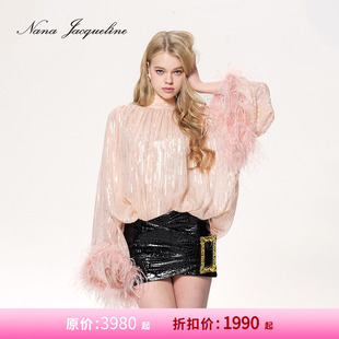 女重工亮丝系脖上衣 NanaJacqueline鸵鸟毛透视真丝衬衫 甄选5折