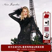 NanaJacqueline冬季 新款 烫钻拼毛针织连衣裙女V领性感晚宴小礼服