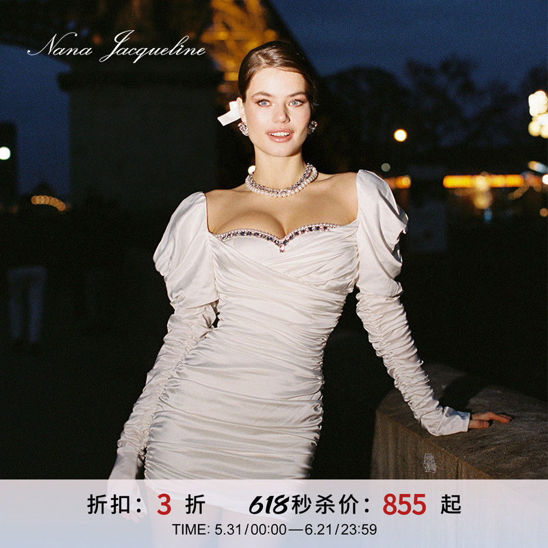 [甄选3折]NanaJacqueline抽皱泡泡袖仿珍珠弹力缎面连衣裙短裙女