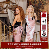 NanaJacqueline丝绒缎面连衣裙鱼骨收腰蝴蝶结礼服含手套新年晚宴