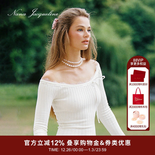 NanaJacqueline针织连衣裙新款 女蕾丝蝴蝶结一字肩纯欲风性感短裙