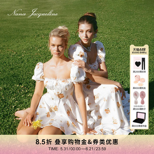 【刘亦菲同款】NanaJacqueline蕾丝泡泡袖印花连衣裙女法式度假裙