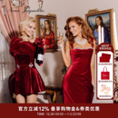 NanaJacqueline毛领钻饰丝绒气质连衣裙礼服新年战袍 戚薇同款