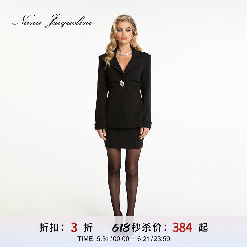 [甄选3折]NanaJacqueline收腰钻扣西装套装垫肩上衣配半裙OL职业