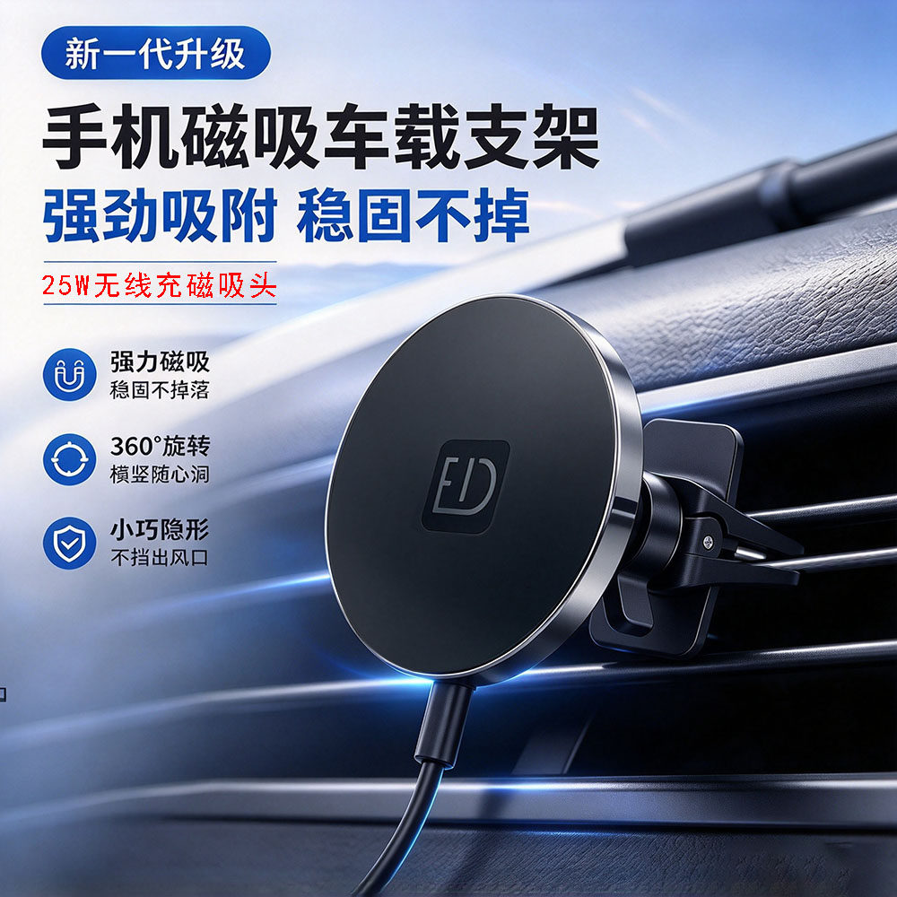 手机车载无线充电25w磁吸快充强磁力车载磁吸支架汽车导航专用QI2.2协议25W无线快充适用于iPhone17promax