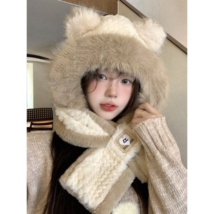 熊毛绒帽子围巾全合一女式秋冬东北骑行护耳保暖连帽围巾冬季风格