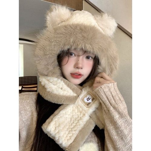 熊毛绒帽子围巾全合一女式秋冬东北骑行护耳保暖连帽围巾冬季风格