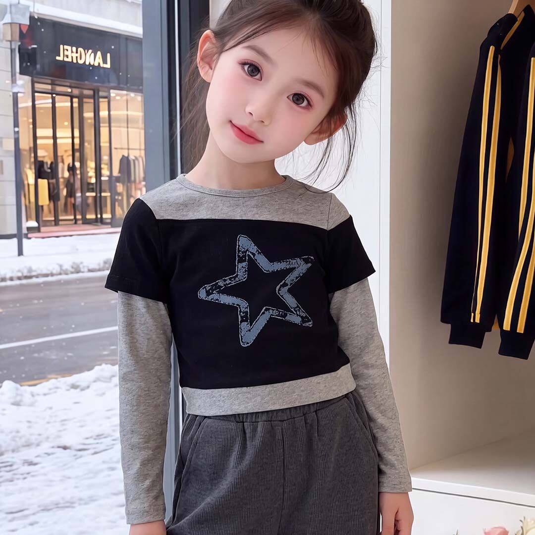 中大童潮款打底衫2026春秋款韩版女童假两件星星印花长袖女童T恤