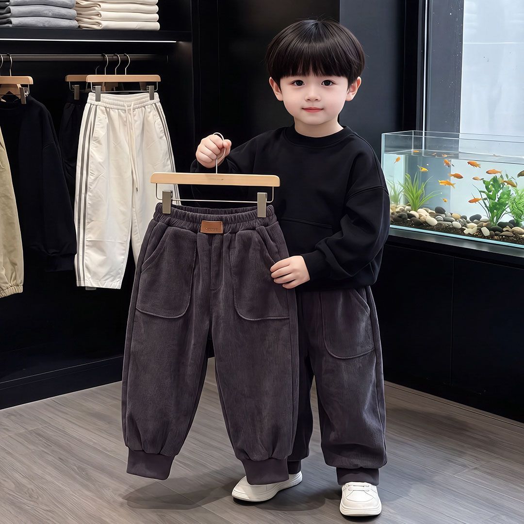 儿童秋季灯芯绒裤子纯色男童女童休闲裤中大童条绒束脚裤时尚帅气