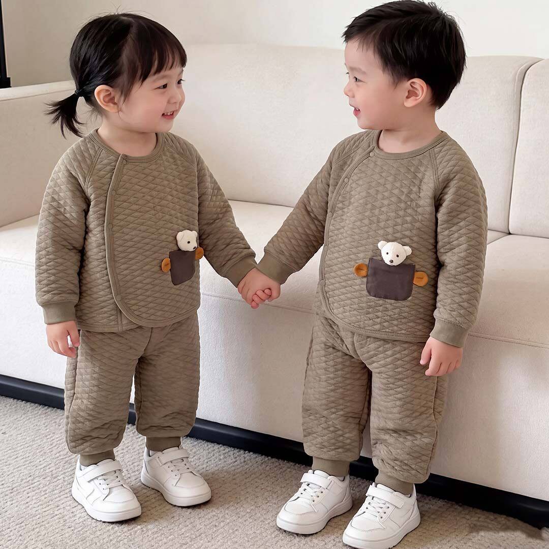 婴儿衣服春季保暖分体套装夹棉秋衣秋裤宝宝爬服睡衣两件套简约