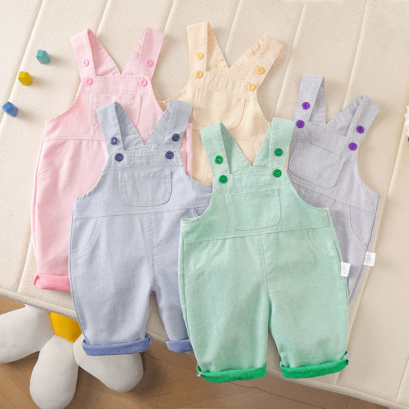 春秋款儿童背带裤男女宝宝新款牛仔休闲长裤洋气多色纽扣装饰裤子