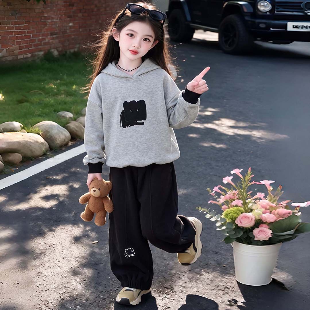 女童连帽卫衣灯笼裤两件套儿童秋季新款卡通韩版百搭刺绣带帽套装
