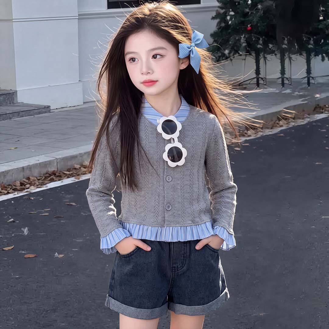 可爱花边潮流秋冬款开衫2026新款儿童打底衫女童韩版毛衣纯色上衣