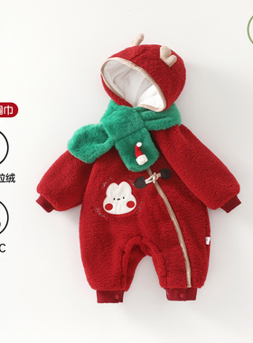 80g夹棉圣诞节婴儿连体衣冬季外出服宝宝红色加厚保暖棉服拜年服