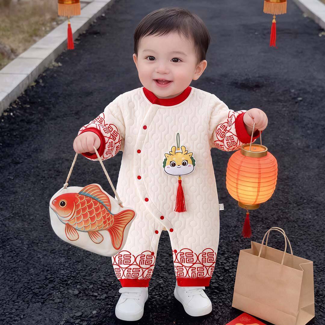 婴儿红色夹棉 a类连体衣周岁衣服新生儿过年衣服秋冬季宝宝拜年服