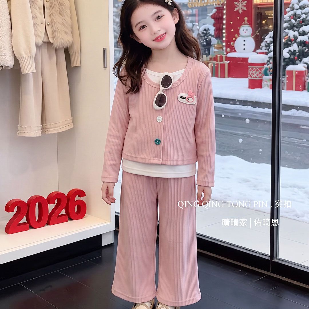 童装女童2026韩版春季新款彩点假两件套装可爱宝宝春秋款超萌