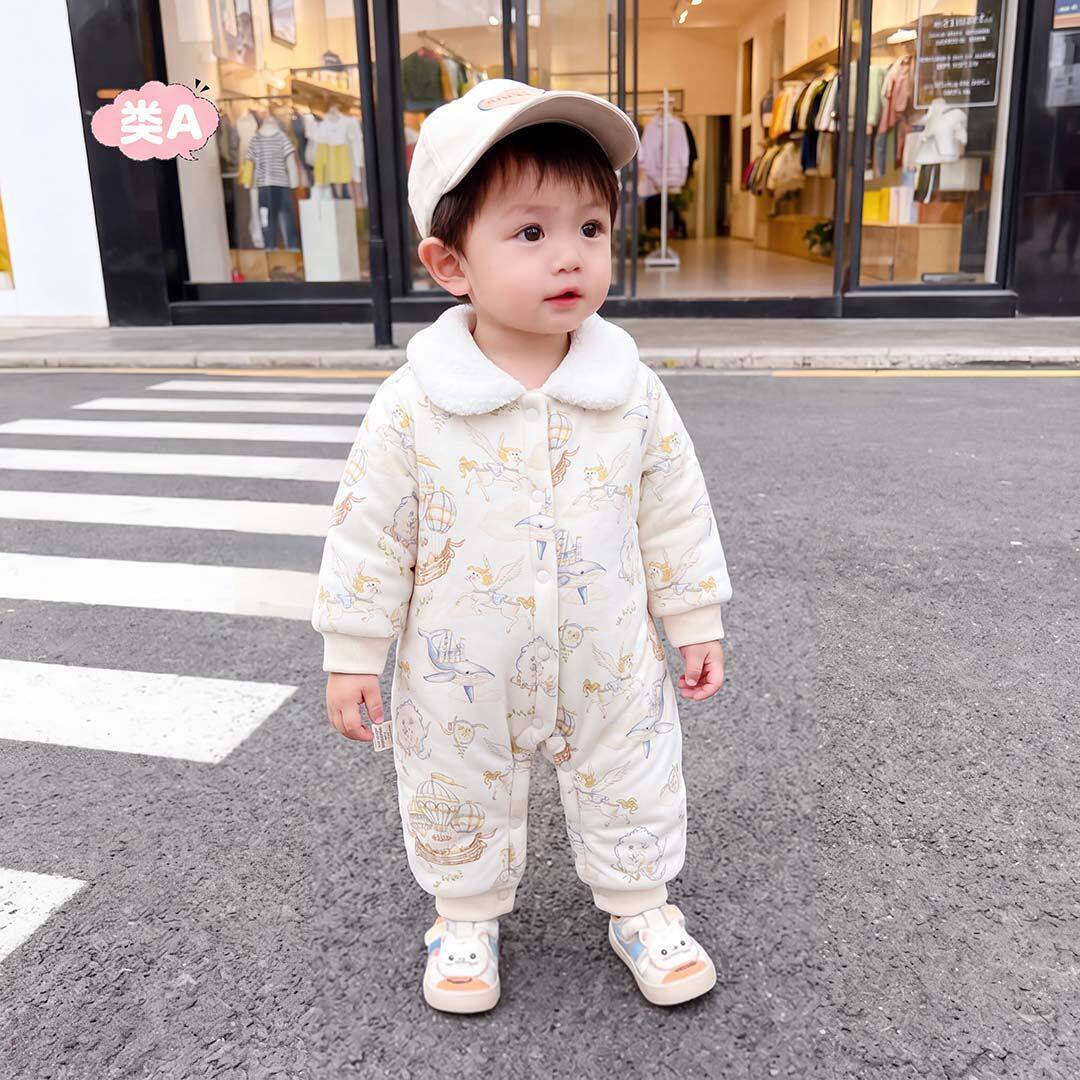 婴儿夹棉衣服200g秋冬季连体衣加厚爬服初生宝宝哈衣睡衣柔软超萌