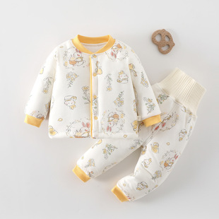 秋冬款婴儿夹棉保暖套装男女宝宝秋衣裤衣服长袖高腰护肚棉服120g