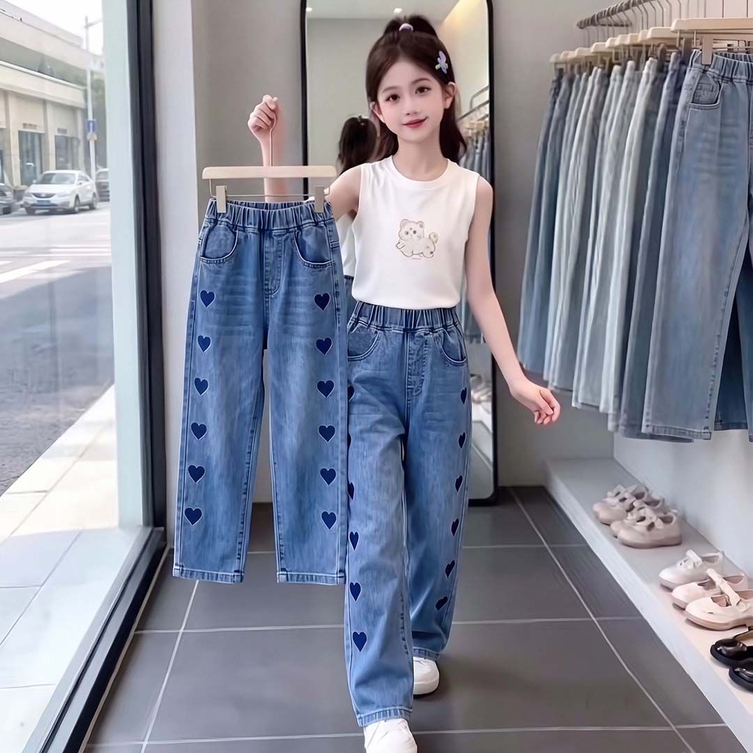 柔软牛仔女童绣花爱心长裤中小童日常穿搭女生春秋宽松休闲直筒裤