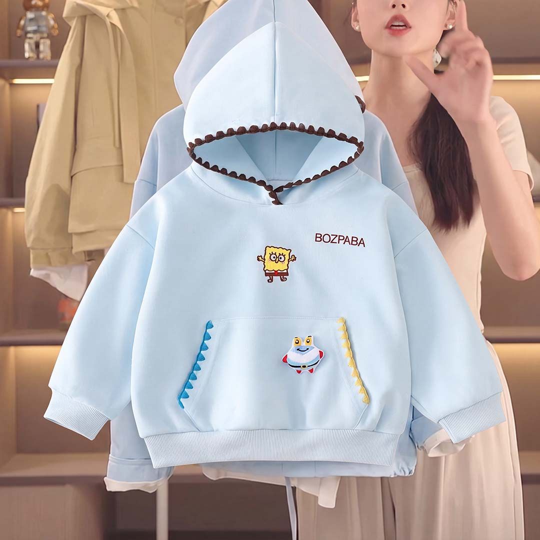 秋季新款童装贝壳绣连帽卫衣男女童时尚玩偶刺绣外穿宝宝休闲春秋