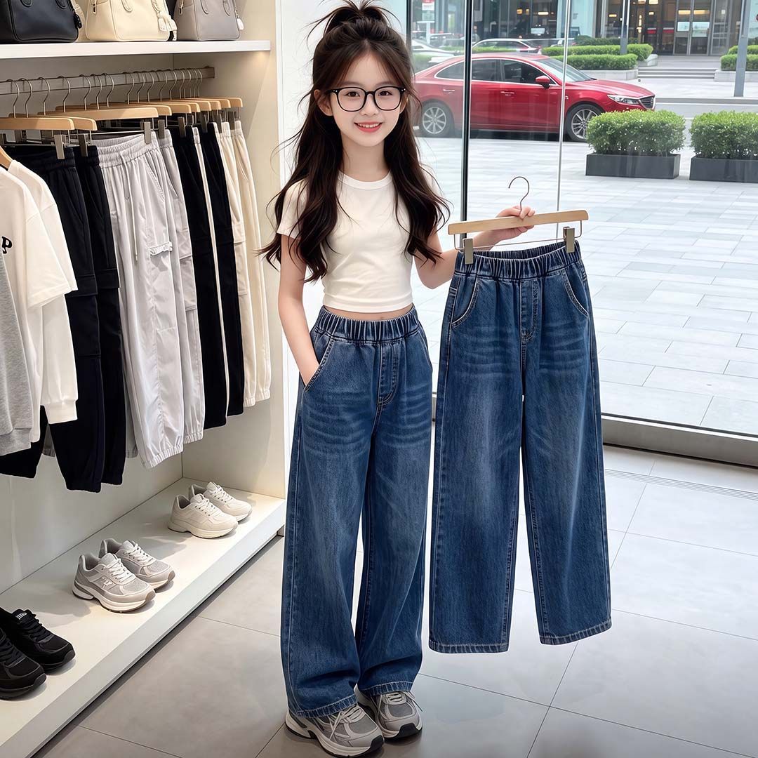 软牛仔女童松紧腰阔腿直筒裤小女孩深色时尚潮流日常穿搭休闲长裤