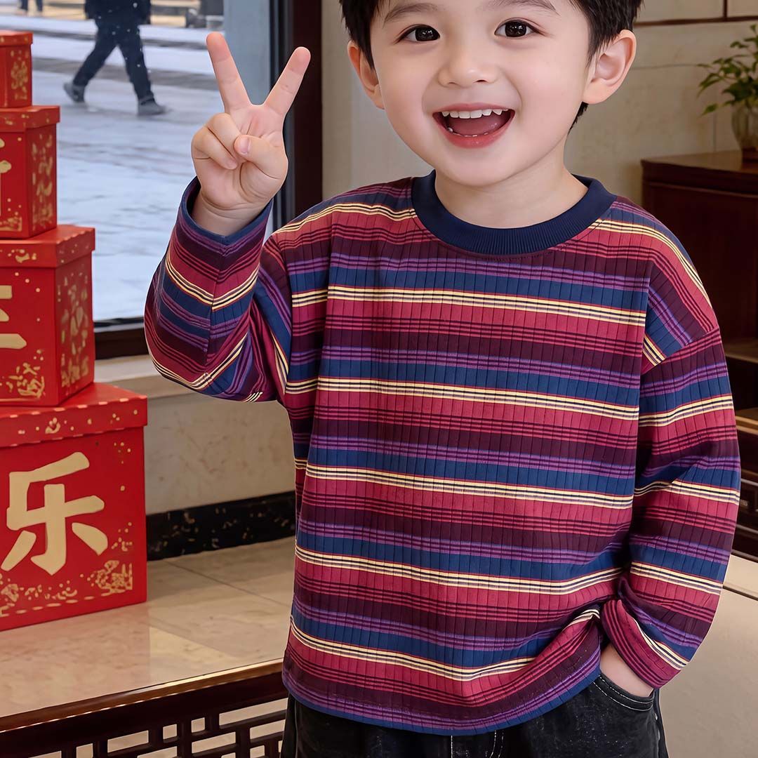 2026春季新款棉T长袖男女童韩版百搭条纹T潮中大童洋气百搭外穿