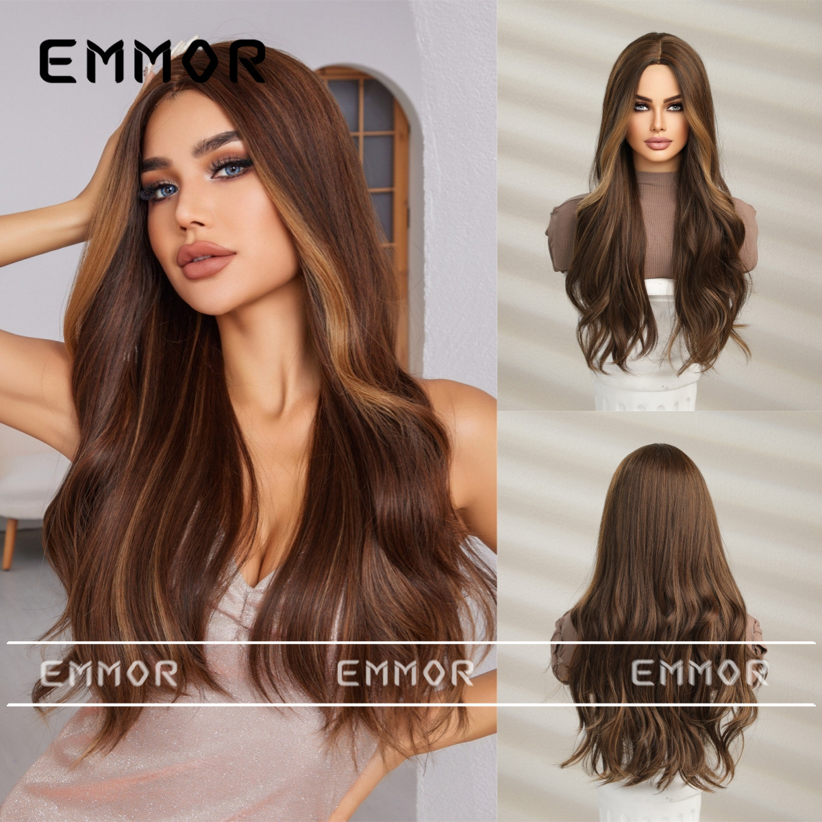 欧美假发女长发自然全头套逼真时尚棕色挑染蓬松大波浪卷发假发套