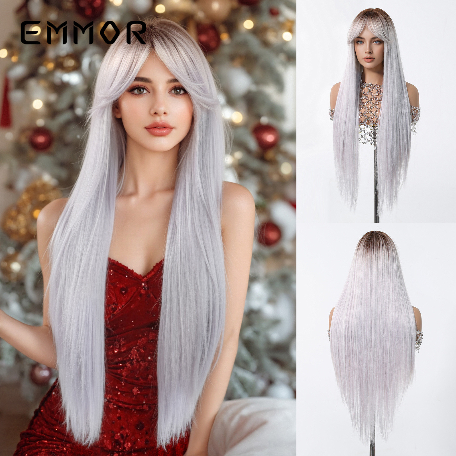 假发女长发新品八字刘海渐变银白自然气质高颅顶长直发整顶全头套