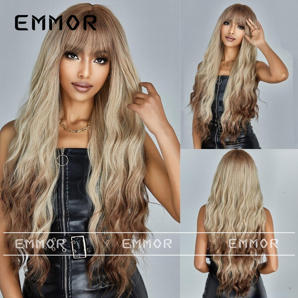 网红时尚欧美风齐刘海大波浪渐变金色长卷发自然蓬松假发全头套