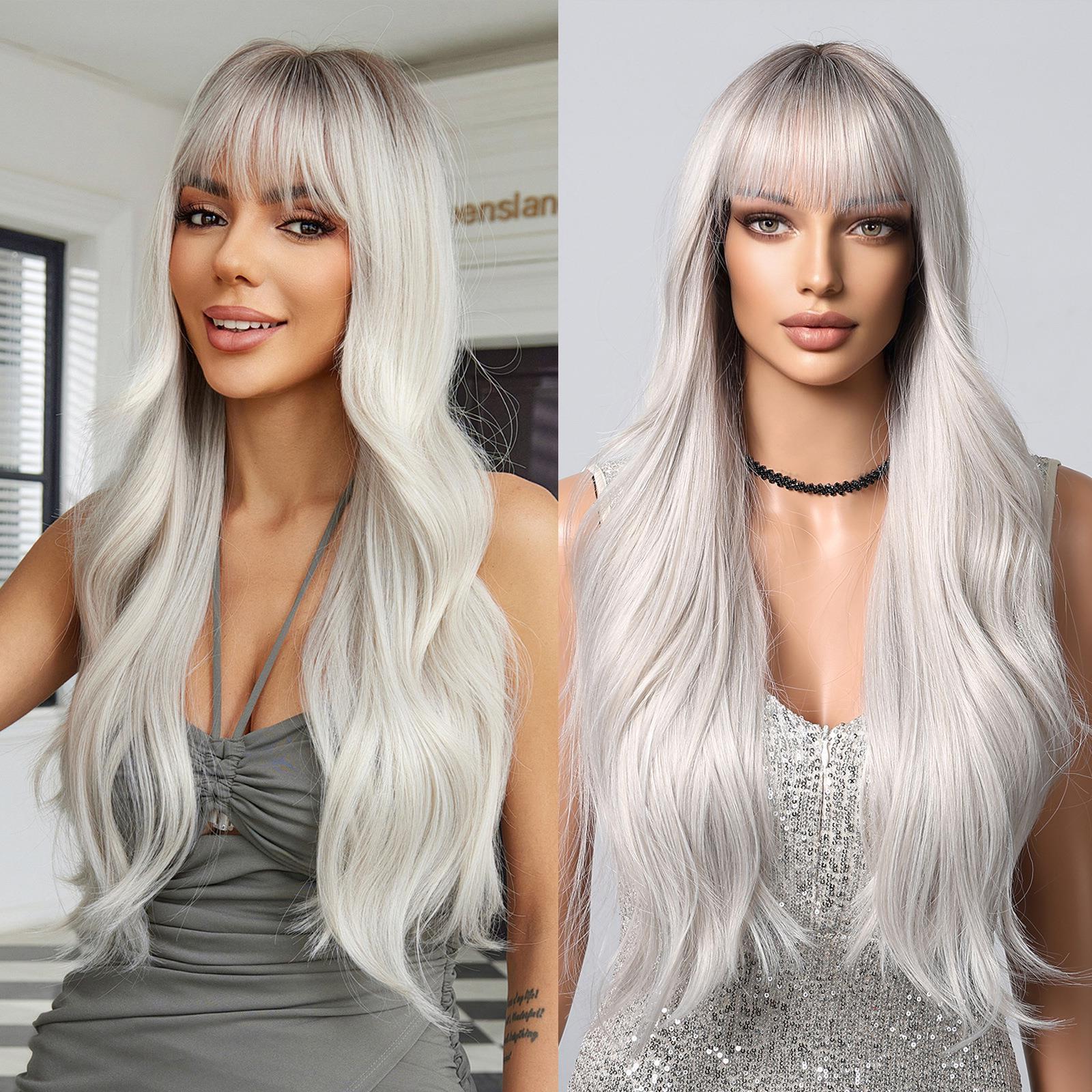 假发欧美外贸挑染白金色橘色混色渐变长卷发齐刘海机制全头套wigs