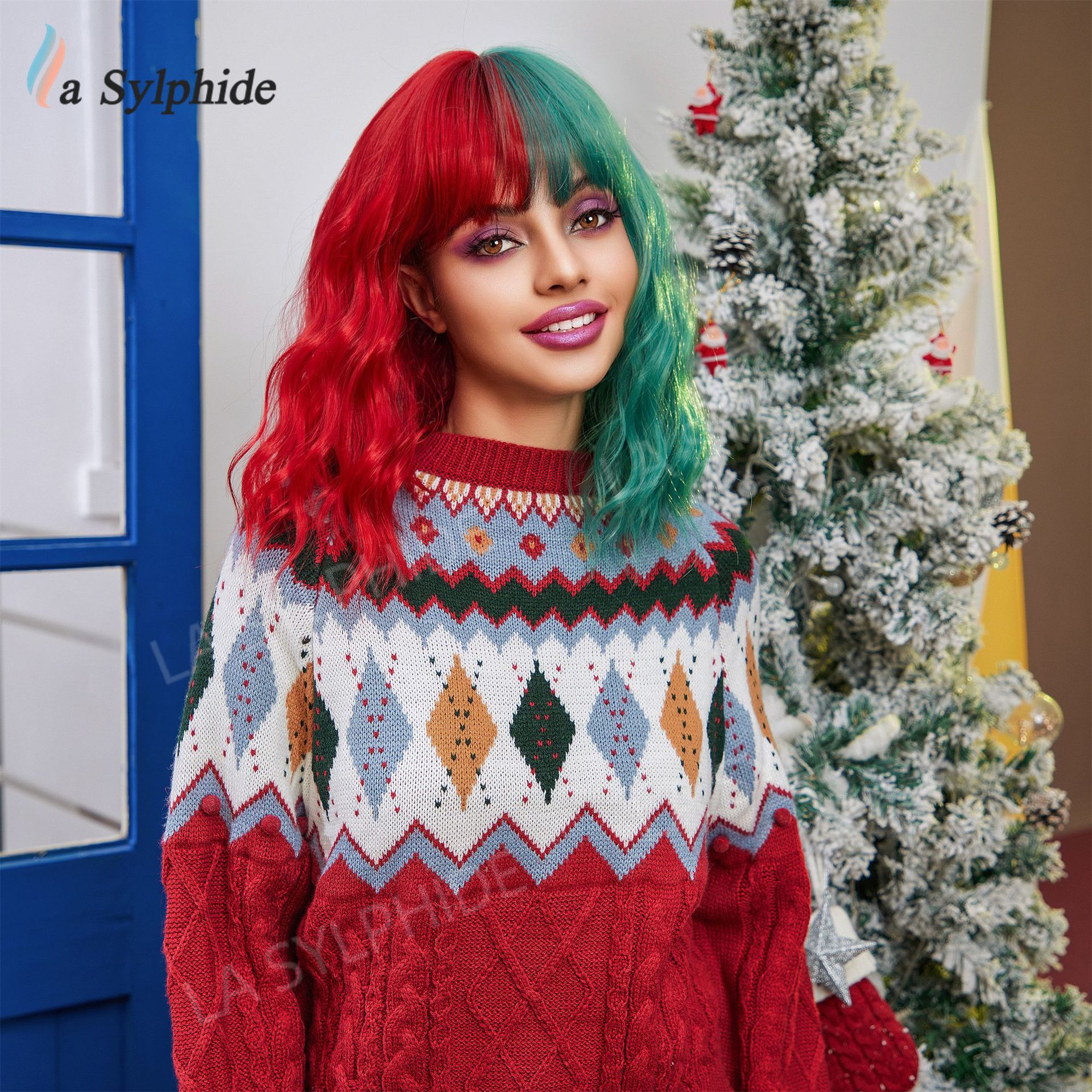 跨境假发女短发蓝色万圣节亚马逊欧美wig齐刘海假发全头套机制