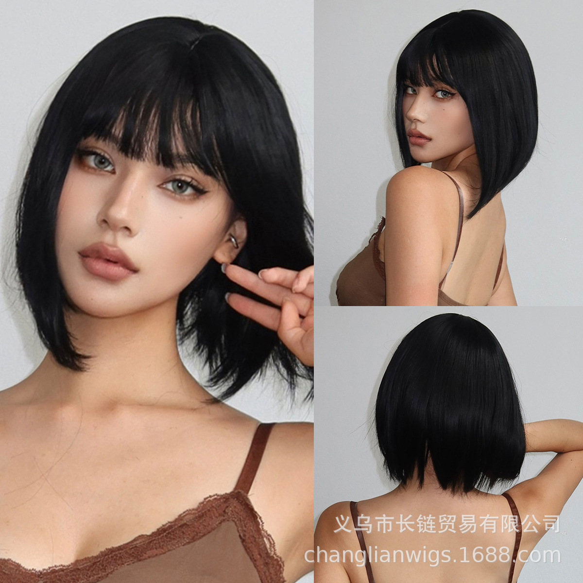 假发女网红齐刘海黑色锁骨齐肩短直发厂家直销热卖款假发wigs