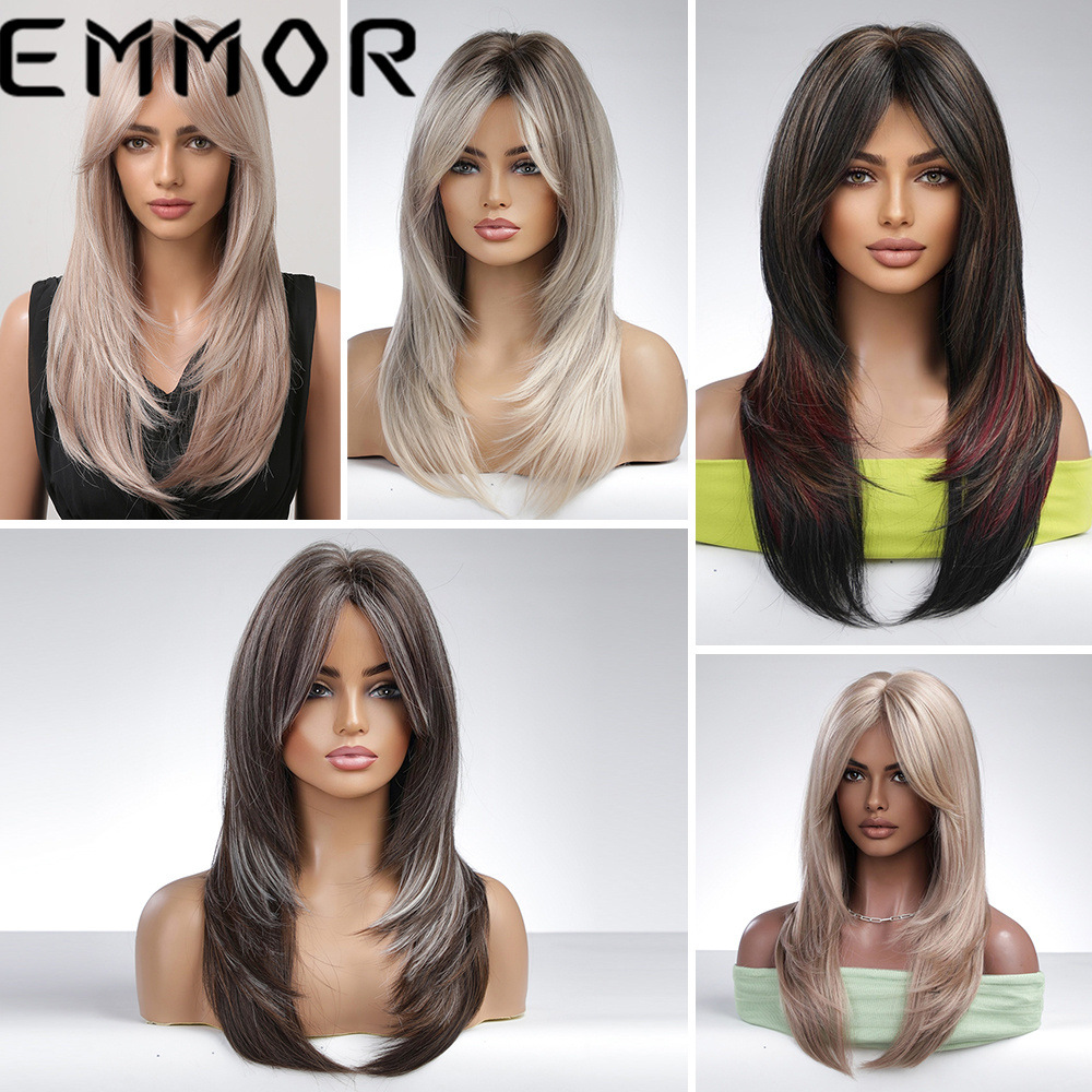 亚马逊热销假发 中长发发尾内扣八字刘海 化纤假发全头套wigs