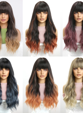 欧美假发女长发大波浪 空气刘海渐变蓝色全头套 哑光高温丝wigs
