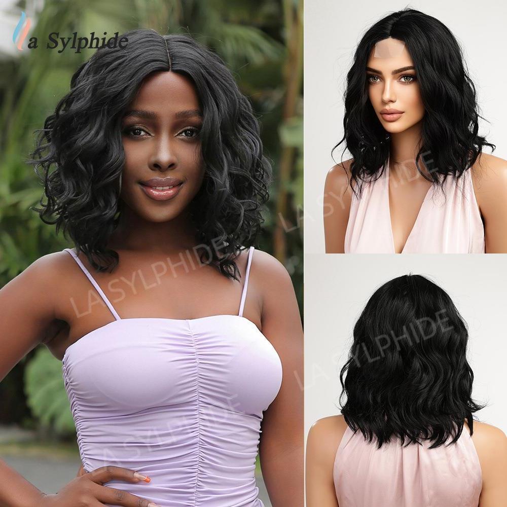 偏分黑人小蕾丝前额手织黑色假发女短卷发透气全头套Wigs非洲