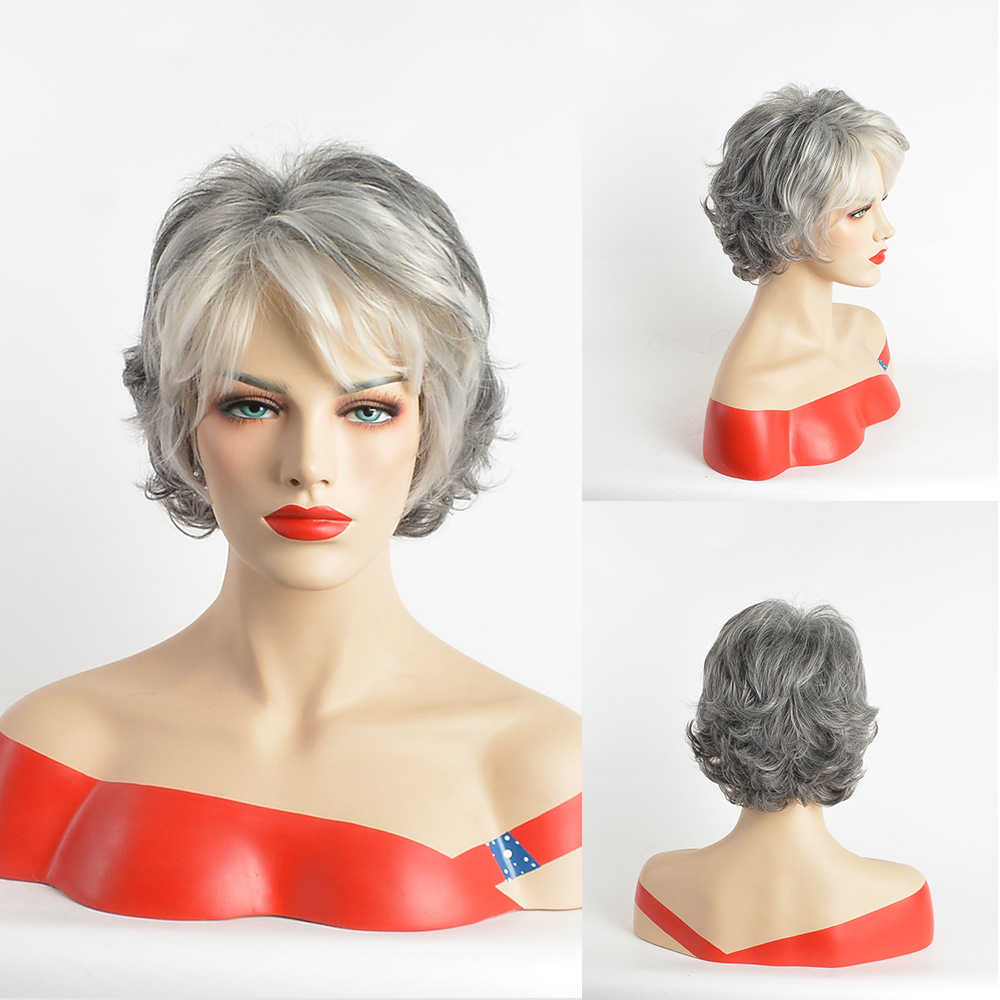 欧美假发 女士时尚短卷发逼真假发套化纤头套  时尚奶奶灰妈妈款