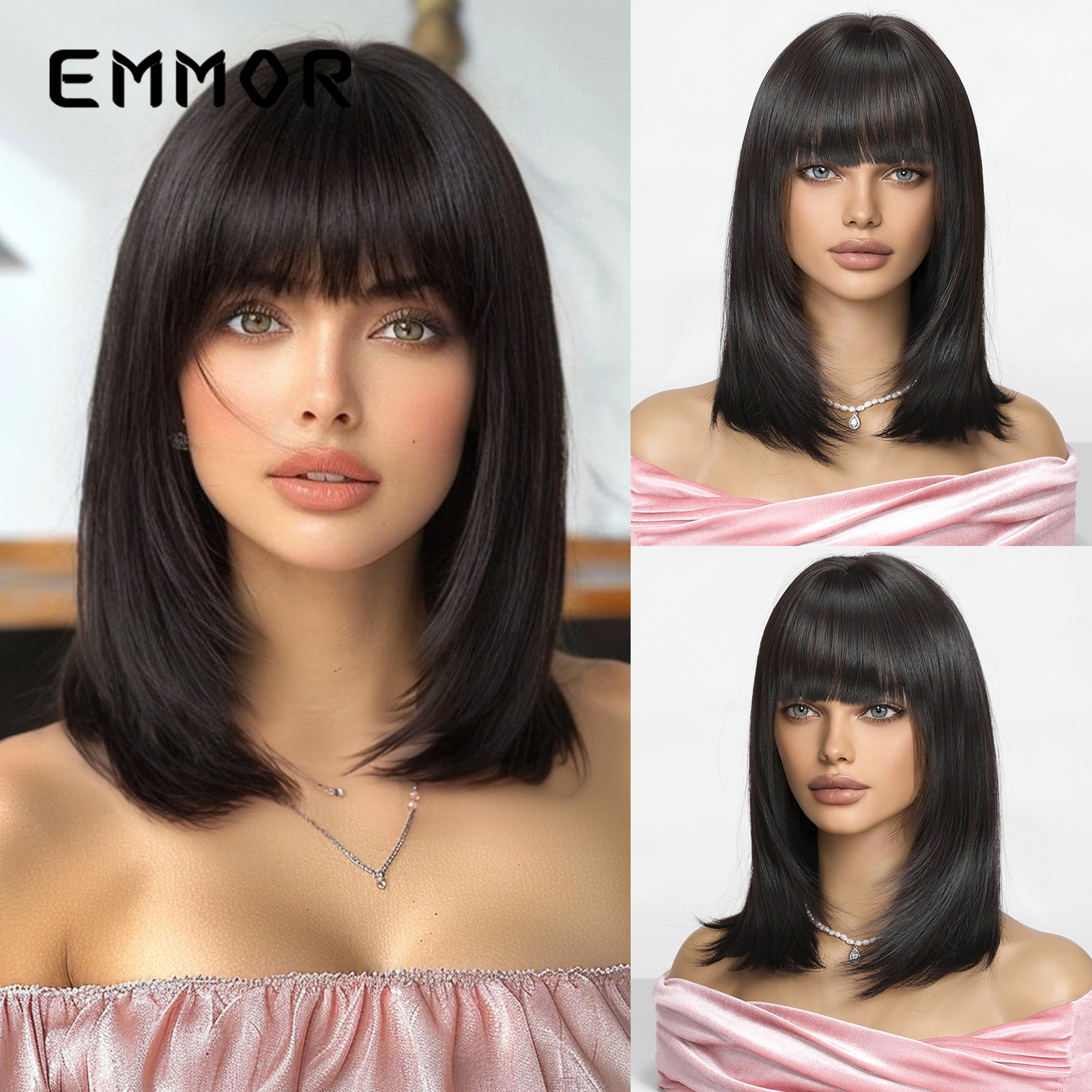 假发女长发网红锁骨短直发齐刘海造型圆脸减龄自然气质全头套式