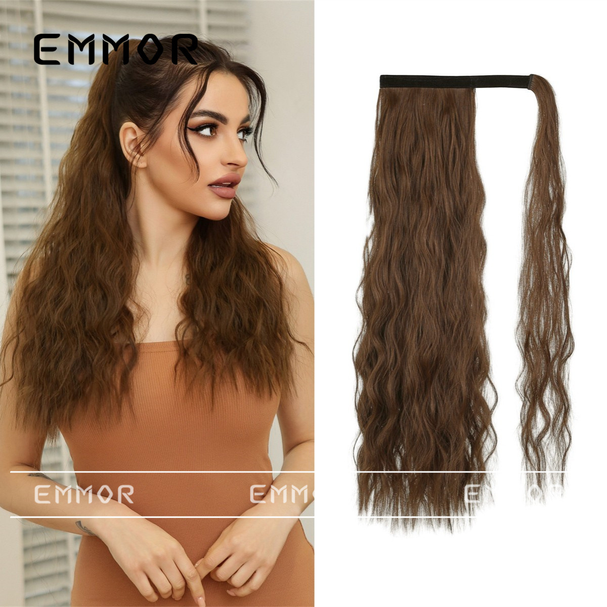 假发女绑带式高马尾水波纹长卷发自然无痕蓬松量假发发发片