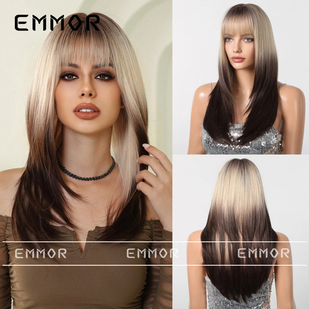 货源新品齐刘海金色渐变棕层次感微卷欧美假发全头发型