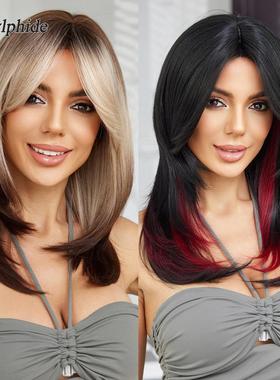 欧美八字刘海渐变辣妹亚裔挂耳染黑红色中长发层次个性假发女全头