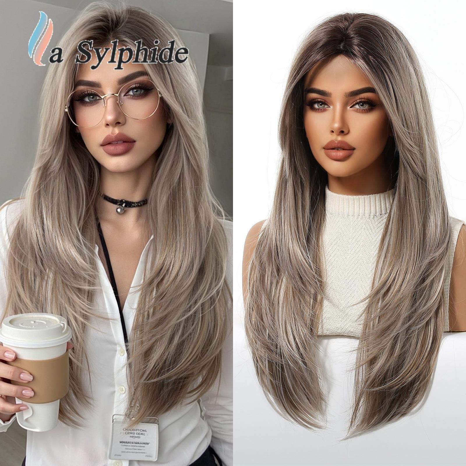 假发女中分黑色棕色头套化纤高温丝多层次长直发柔顺自然盐巴