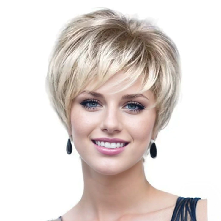 厂家直销外贸女士短发 蓬松渐变灰白色斜刘海假发 玫瑰网