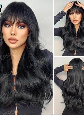 1B黑色长卷发偏分刘海假发女Hair欧美机制Wigs化纤全头套厂家