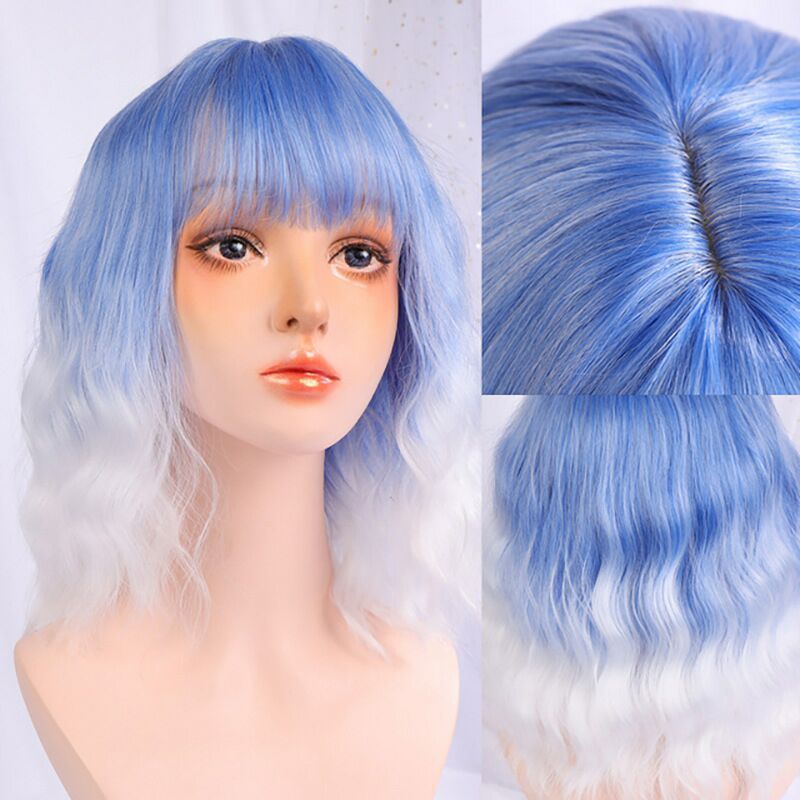 欧美风 女式水波纹渐变短卷发 化纤高温丝齐刘海假发女士头套