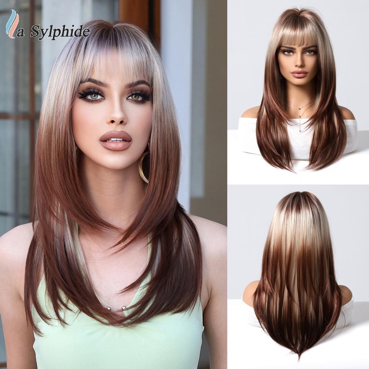 Temu热卖欧美wigs渐变混色金棕空气刘海层次长直发网红假发高温丝